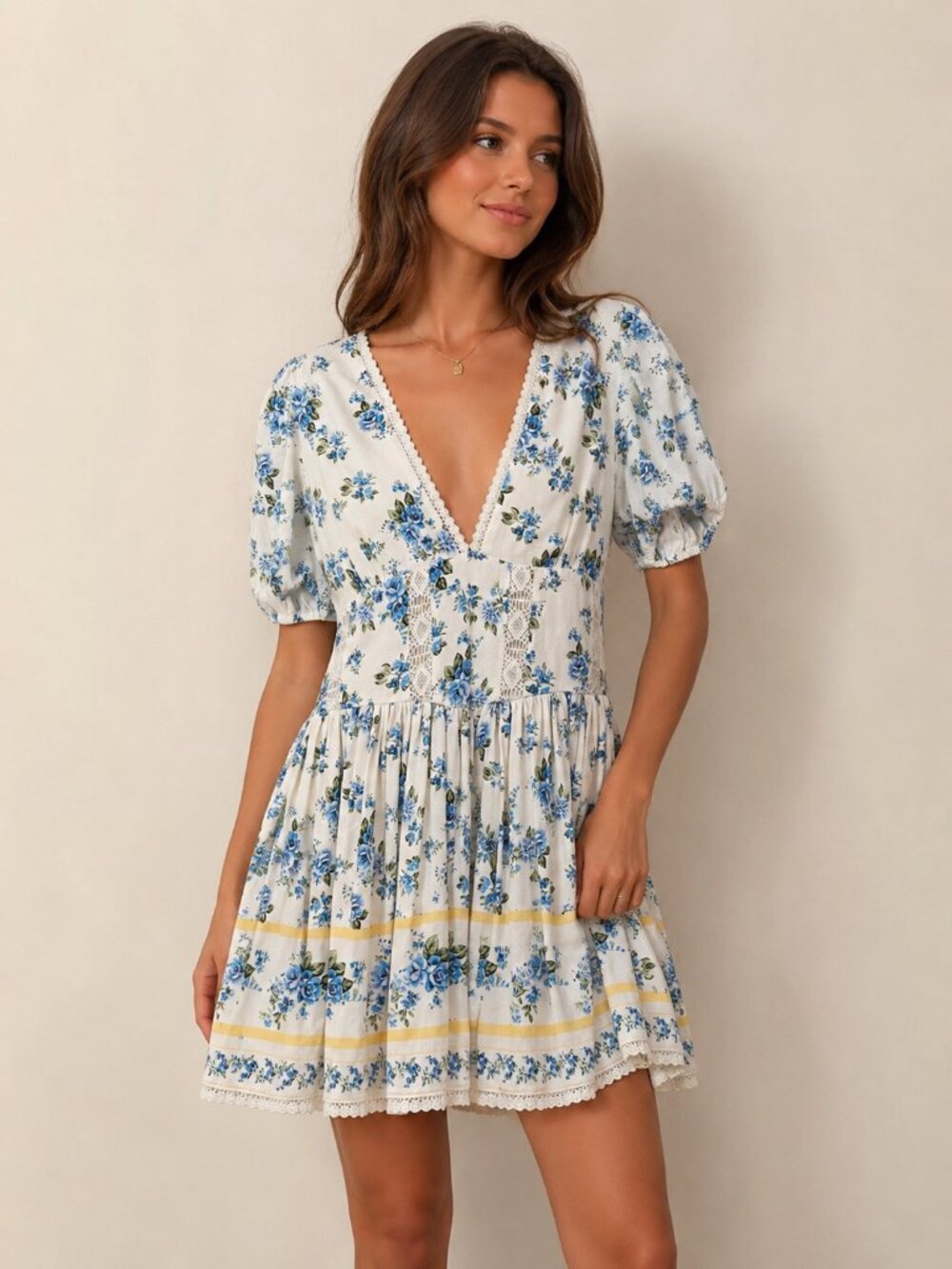 NWT Gianni Bini Iris Floral Linen Blend Mini Dress Blue White Lace Trim Size 8